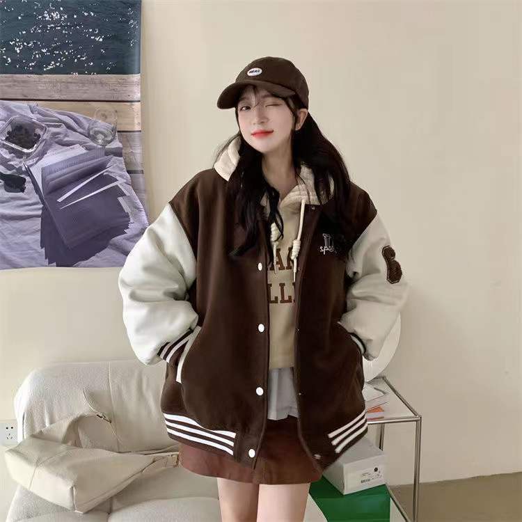 Áo Khoác Đồng Phục Bóng Chày Màu Nâu Phong Cách Retro Đường Phố Mỹ