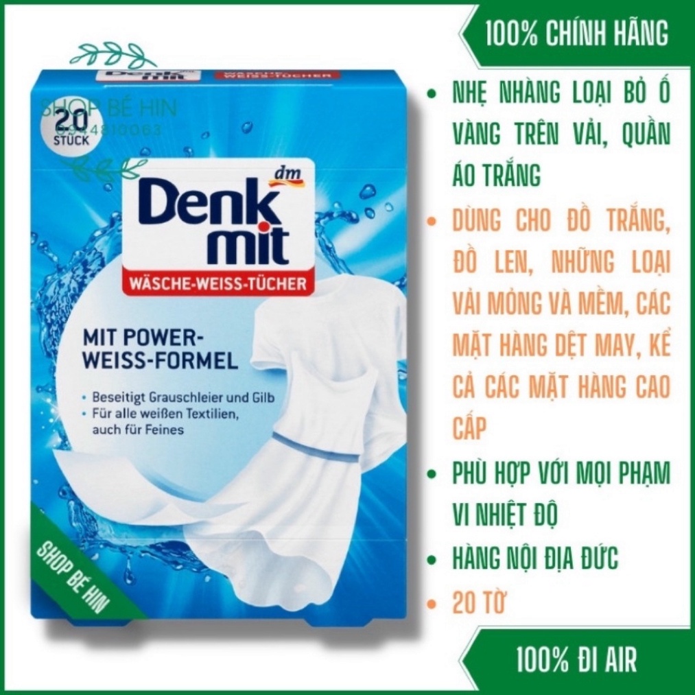 Tẩy Trắng Quần Áo Denkmit Wasche Weiss Tucher 20 miếng, làm trắng quần áo xỉn màu, hiệu quả, hàng nội địa Đức