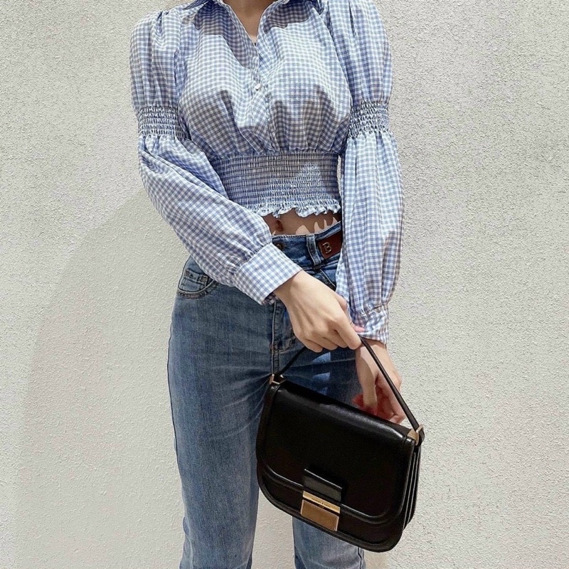 ÁO CROPTOP CARO NHÍ CHUN EO TAY KHÚC
