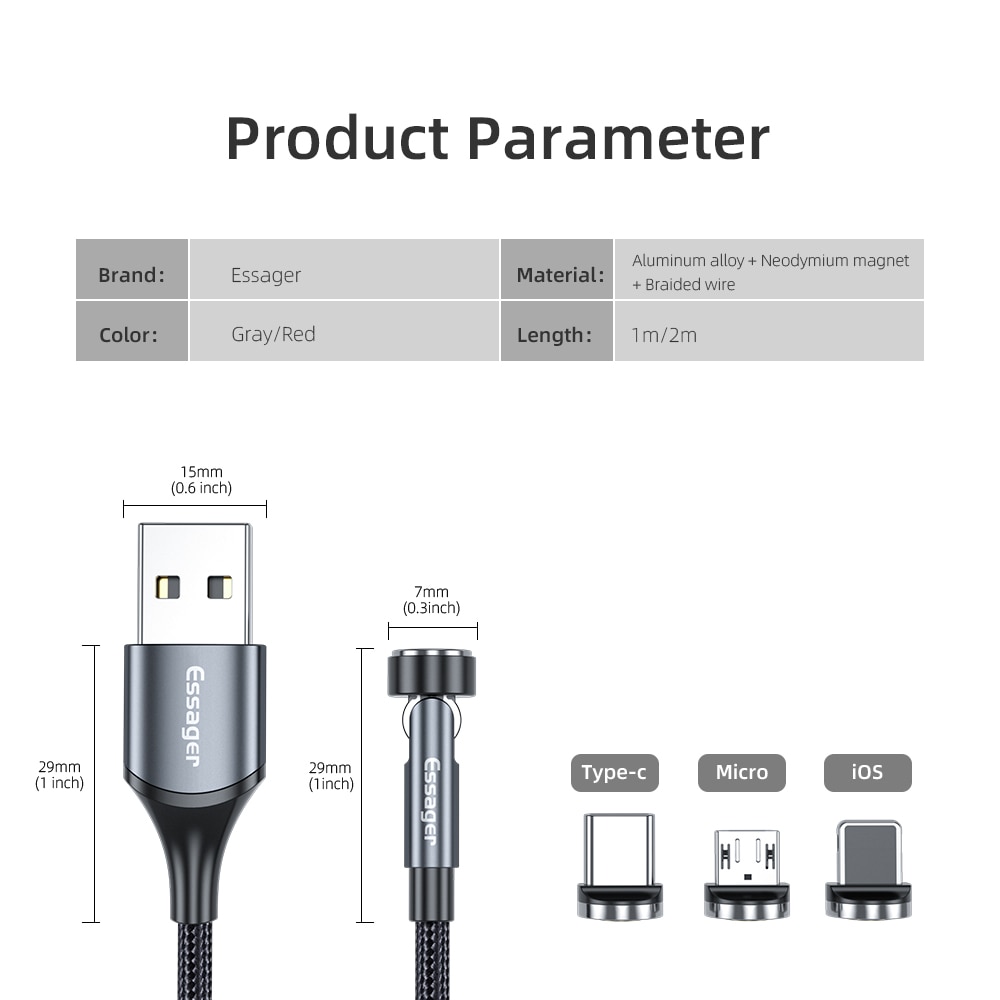 Cáp Sạc Nhanh Và Truyền Dữ Liệu Từ Tính 3a Essager Xoay Được Cổng Micro Usb / Type C Dành Cho Iphone Xiaomi