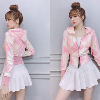 Áo khoác thun nữ phối màu loang form lửng thời trang
