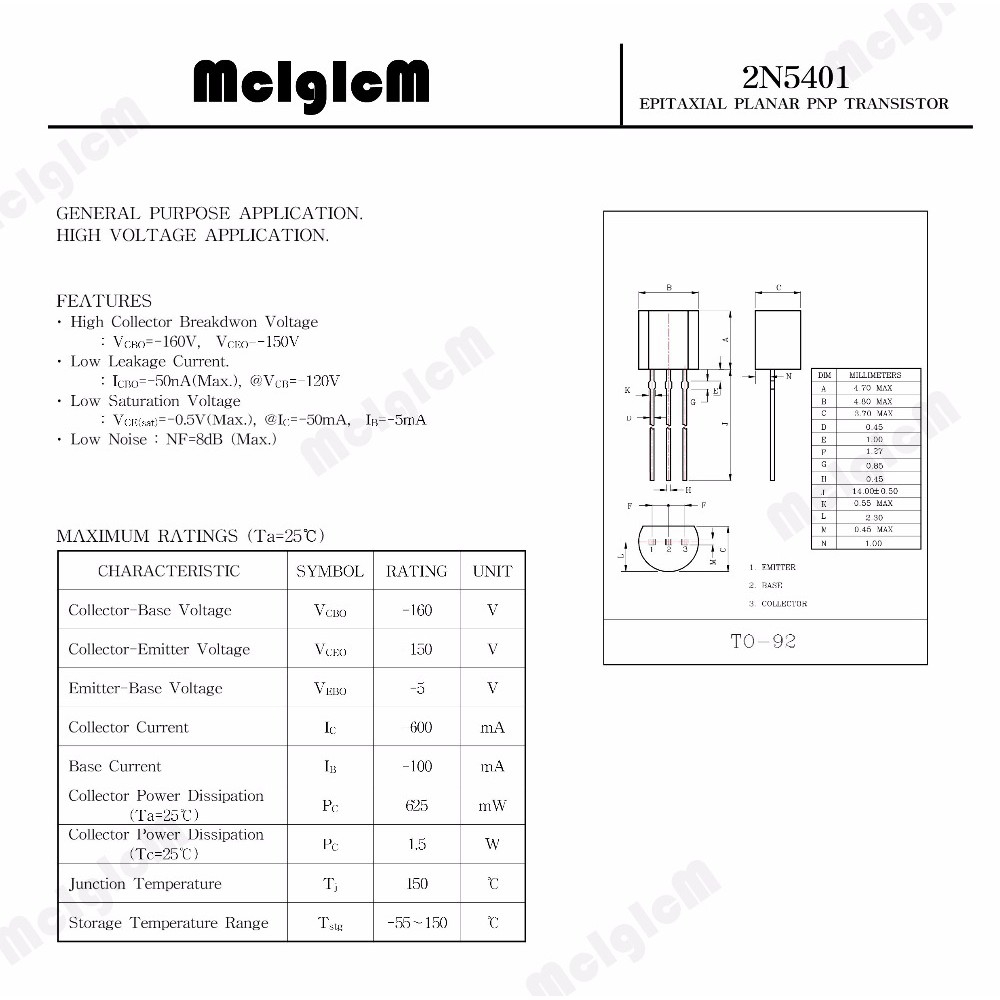 Bộ 100 điện trở 3 chân 2N5401 TO-92 0.3A 160V PNP