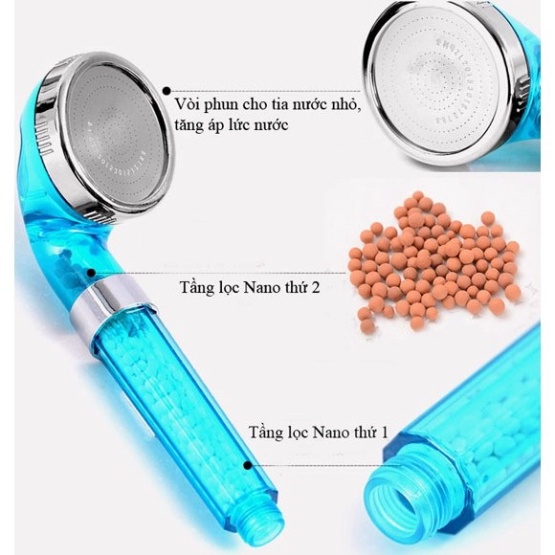 Bộ vòi hoa sen tăng áp có hạt lọc Nano màu xanh dương lọc nước, lọc khuẩn đủ bộ tay sen+ dây+ giá đỡ - QM.TS004B3