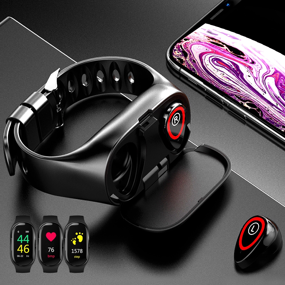 Hexu 2in1 M1 TWS Wireless Bluetooth 5.0 Earphone Stereo Sports Earbuds Fashion Smart Watch Bracelet with Heart Rate Pedometer Date Calorie Message Notification Display