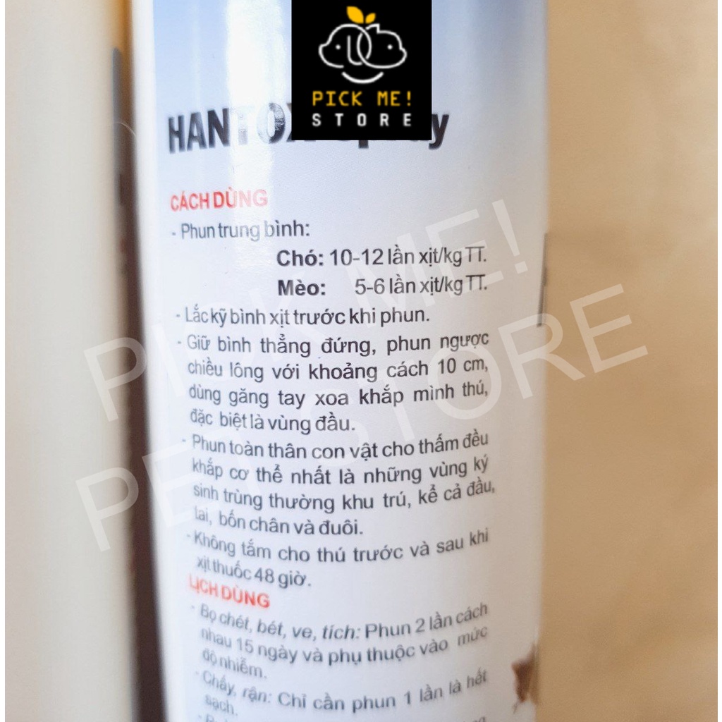 Hantox Spray - Xịt Ve Rận, Bò Chét, Ghẻ Cho CHÓ MÈO 100ml 300ml