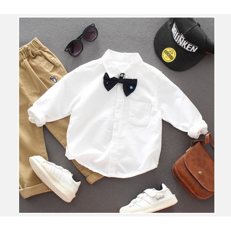 Áo sơ mi trắng bé trai 4-12 tuổi hãng Riomio phối kẻ, Sơ dài tay cho bé vải thô mềm kiểu dáng thời trang