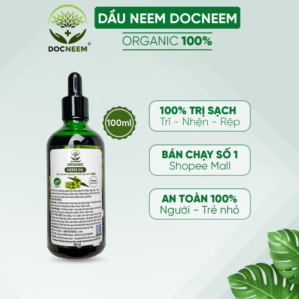 Dầu neem oil DOCNEEM hữu cơ phòng trị sâu bệnh hoa hồng, phong lan, cây cảnh, nguyên chất ép lạnh, hàng chính hãng 100ml