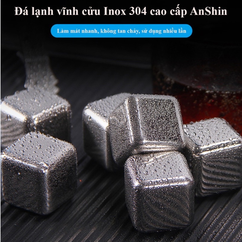 Đá Lạnh Inox Không Tan Hộp 8 Viên Kèm Cây Gắp Inox Tiện Lợi