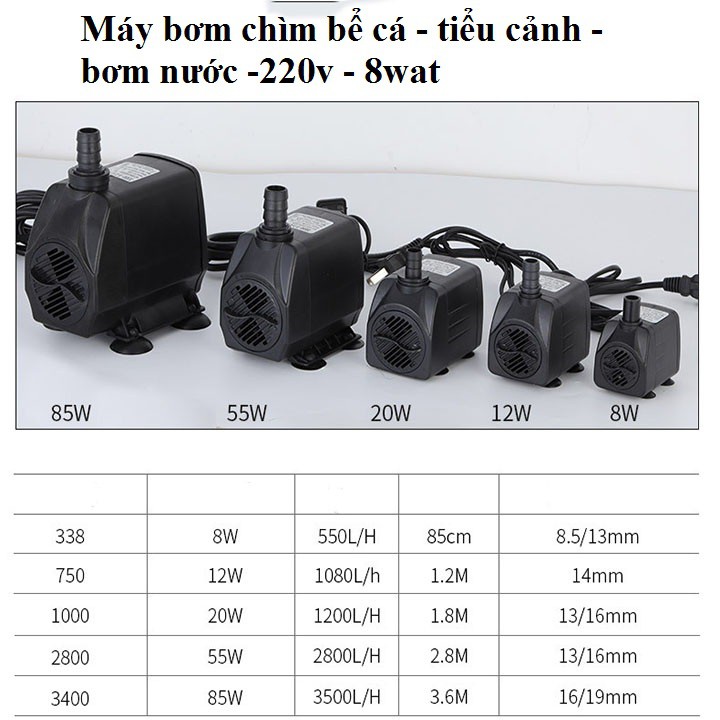 Bơm chìm hồ cá 220v - máy bơm chìm 8w - 550L/H đẩy cao 85cm