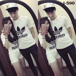I-590 áo thun đôi màu trắng in adidas