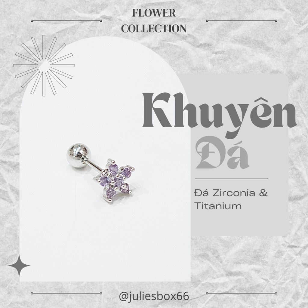 [1 Chiếc] Khuyên Tai Titan Hoa 5 Cánh Đá Tím Unisex Màu Bạc Đuôi Bi Không Ngứa Bông Tai Julies Box 66
