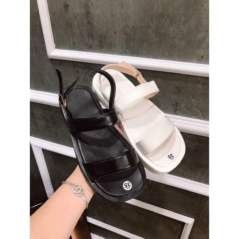Sandal quai trơn 2 cầu đen trắng đế bằng siêu nhẹ - 2P