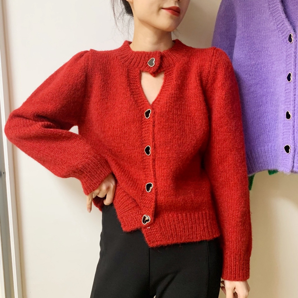 Áo Khoác cardigan Dệt Kim Tay Phồng Thiết Kế Đục Lỗ Cài Nút Phong Cách Hàn Quốc Ngọt Ngào Thời Trang Thu Đông 2022