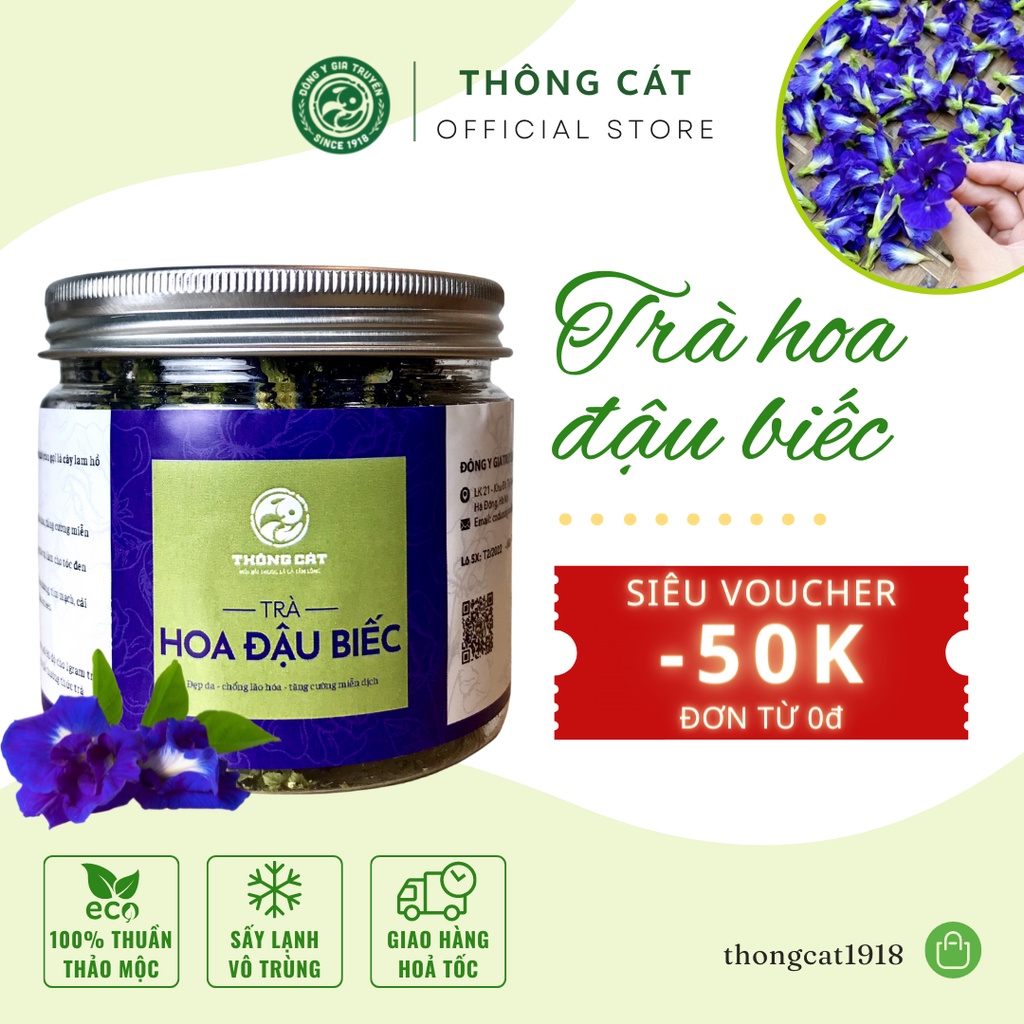 Trà Hoa Đậu Biếc sấy khô THÔNG CÁT 1918 thanh nhiệt giải độc, detox cơ thể , giảm  nếp nhăn, chống lão hóa da