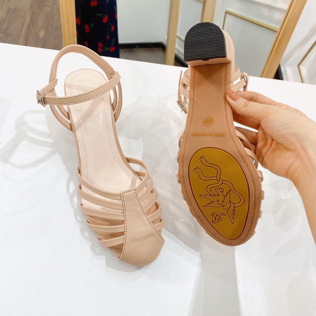 Xăng đan nữ màu kem, mũi rọ tròn thoáng chân , sandal nữ cao gót 5 phân OCNHI18