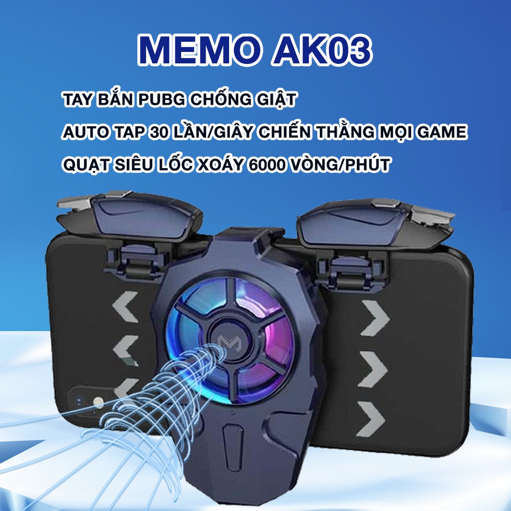 Quạt tản nhiệt điện thoại Memo AK03 kèm nút bắn game chống giật - Nút bắn PUGB Memo AK02 chính hãng