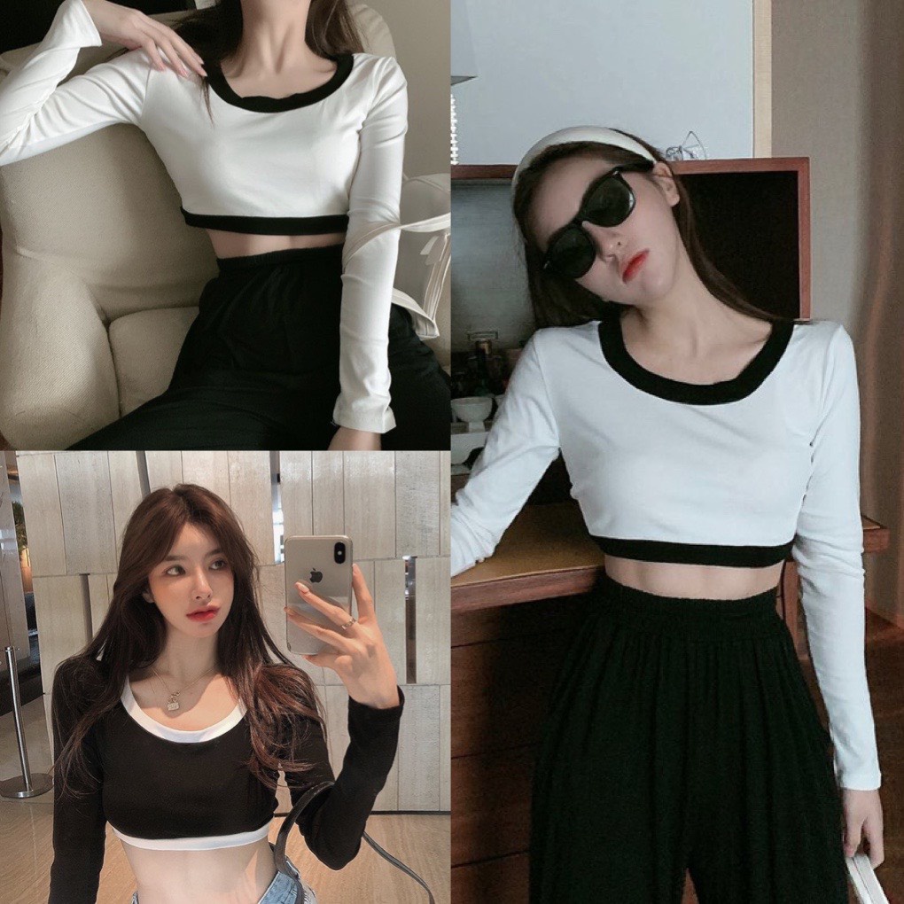 Áo Croptop Dài Tay Bo Viền Trắng Đen Áo Thun Nữ Cổ Tròn Chất Thun Co Giãn Ôm Body Sexy Freesize