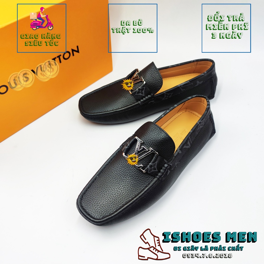 Giày Lười Moca LV Nam Cao Cấp Hoa Viền Thời Trang Da Bò xịn Chuẩn form Full Box Bảo Hành 1 năm