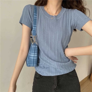 Áo thun dệt kim tay ngắn màu sắc đơn giản cho phái nữ