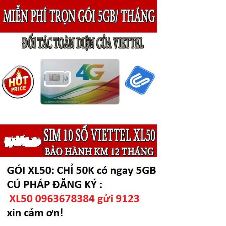 [Mã ELFLASH5 giảm 20K đơn 50K] Sim Vietel 3G 4G Gói XL50 - Sim Siêu Data