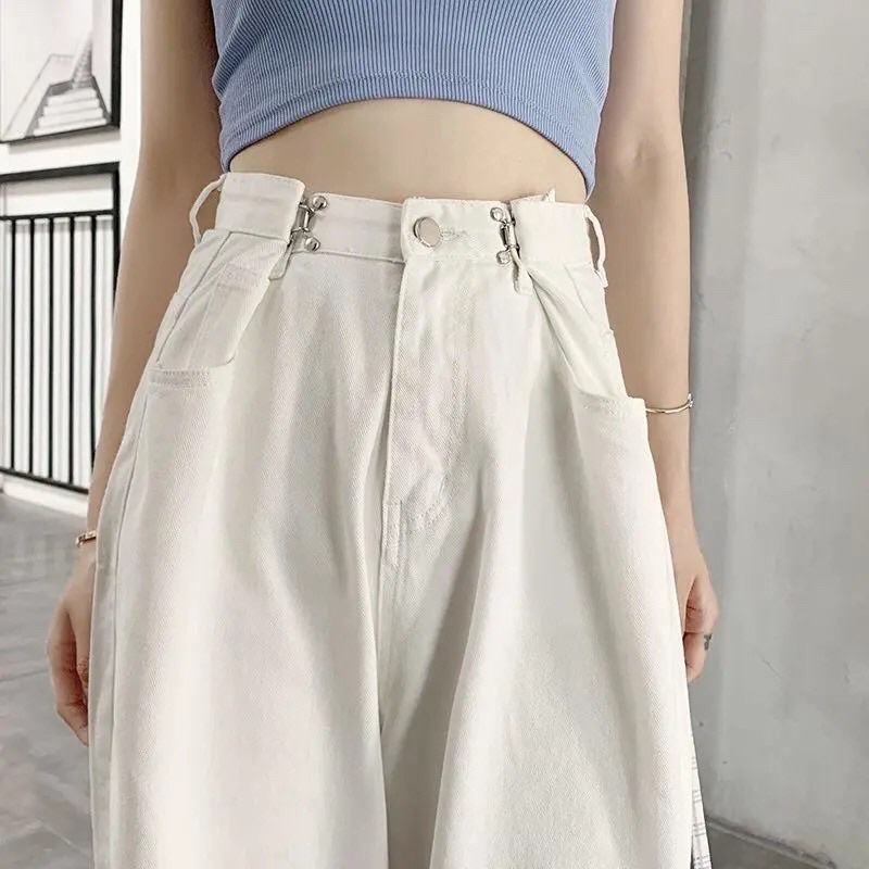 Quần jeans trắng ống suông phom rộng cài khuy điều chỉnh eo lưng siêu cao