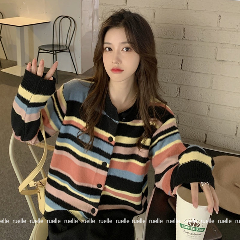 Áo Cardigan Dệt Kim Mỏng Kẻ Sọc Cầu Vồng Phong Cách Thời Trang Pháp Mới Dành Cho Nữ