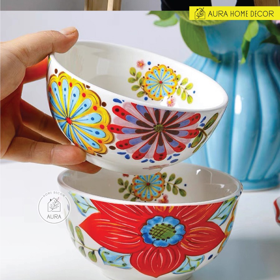 Bộ bát đĩa, cốc, bình hoa gốm sứ mỹ nghệ vẽ tay hàng cực phẩm họa tiết hoa nền xanh lơ