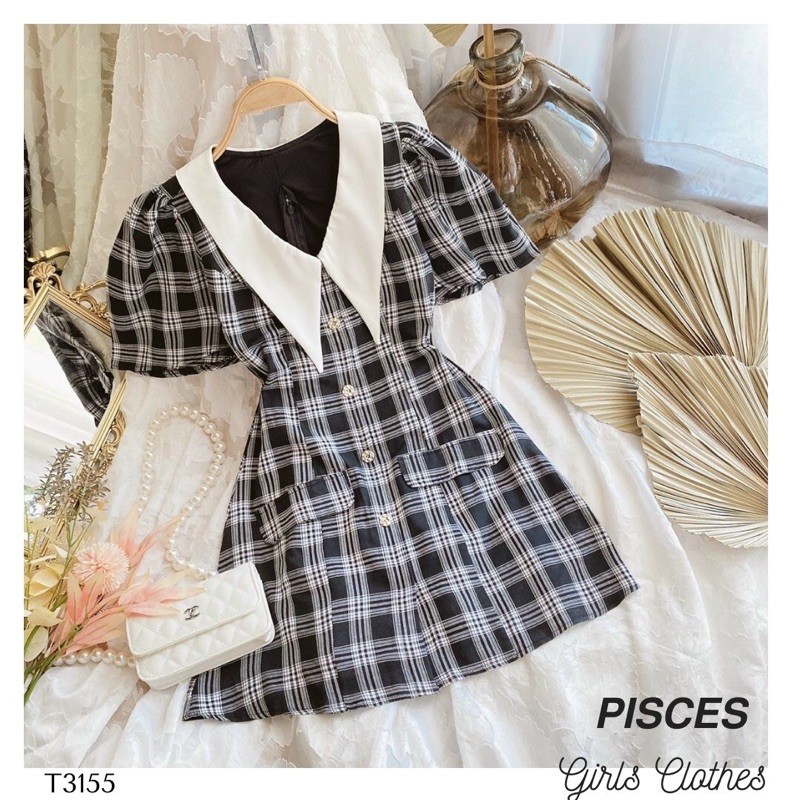 Đầm Nữ Caro Trắng Đen Cổ Vintage - Váy Tiểu Thư Cổ Sen Trắng