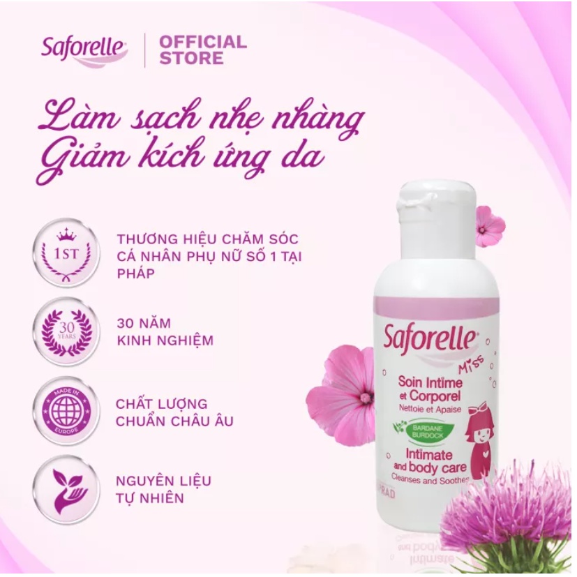 Dung dịch vệ sinh bé gái Saforelle Miss cao cấp giúp làm sạch, dưỡng ẩm vùng da nhạy cảm của bé gái 100ml