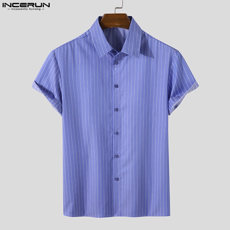 INCERUN Áo Sơ Mi Ngắn Tay Họa Tiết Kẻ Sọc Cài Nút Thời Trang Mùa Hè Cho Nam