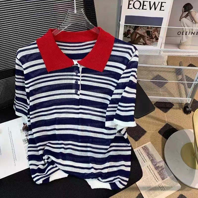 Áo thun polo ZHELIHANGFEI dệt kim ngắn tay họa tiết kẻ sọc tương phản phong cách cổ điển
