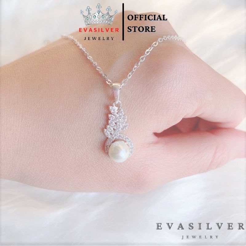 Dây chuyền bạc hình lá nguyệt quế đính hạt trai, Vòng cổ chất liệu bạc ta - Trang sức bạc Evasilver