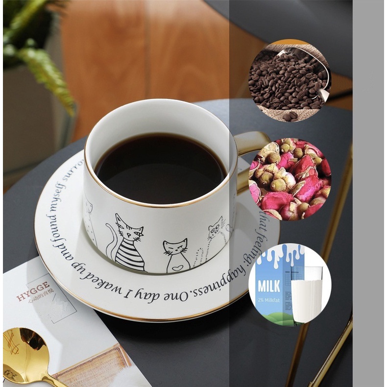 Set cốc sứ và đĩa uống cafe có kèm thìa in hình mèo 250ml