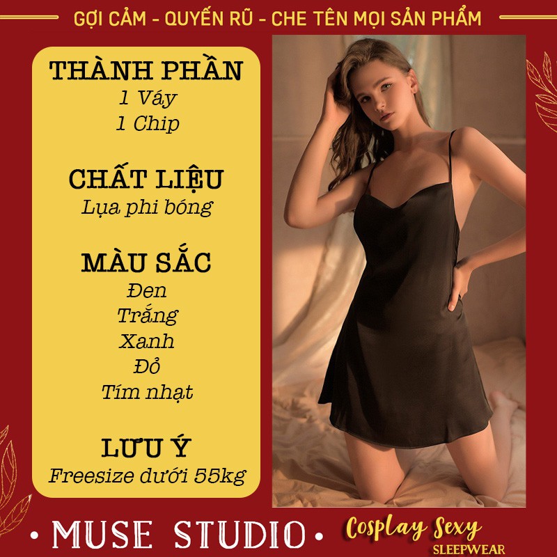 Váy đầm ngủ sexy - Váy ngủ hai dây cổ đổ vải phi bóng cao cấp gợi cảm