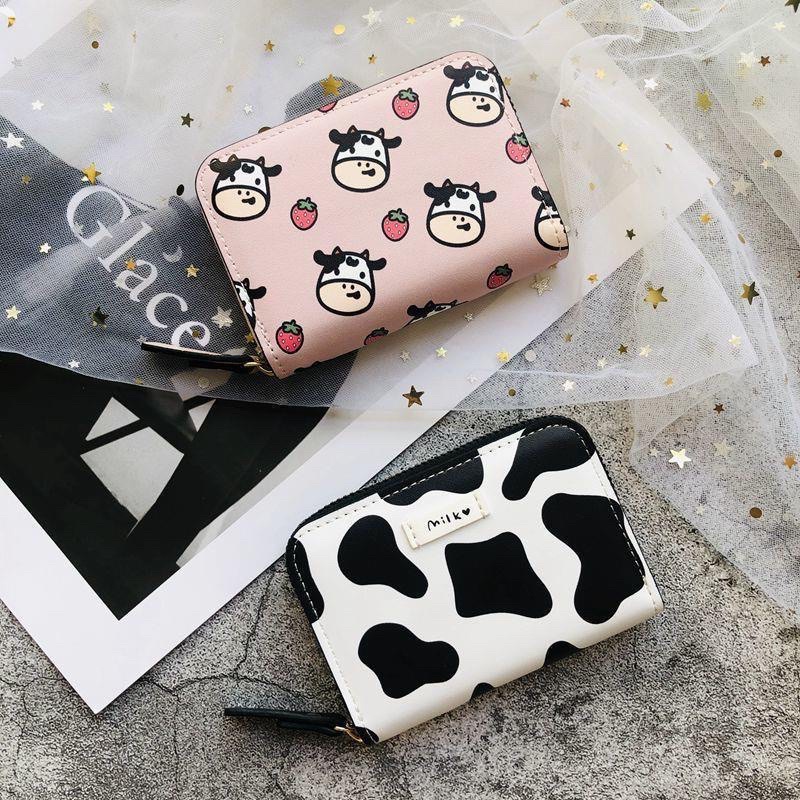 Ví Da Mini Cầm Tay 10 Ngăn Hoạ Tiết Bò Sữa Xinh Xắn Phong Cách Hàn Quốc (Khoá Kéo Xịn Sò)