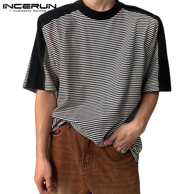 Áo thun INCERUN ngắn tay cổ tròn mềm mại họa tiết kẻ sọc phong cách đơn giản cho nam
