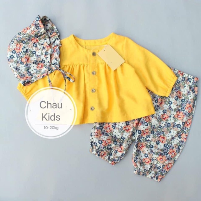Set áo babydoll+quần hoa kèm mũ cho bé gái