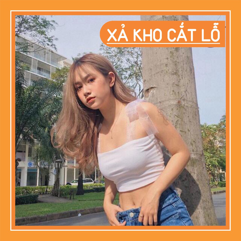 [Xả kho] ÁO 2 DÂY CROPTOP LƯỚI THẮT NƠ ĐEN TRẮNG BOZIP  - ÁO QUÂY NGỰC BUỘC VAI NƠ REN KIỂU