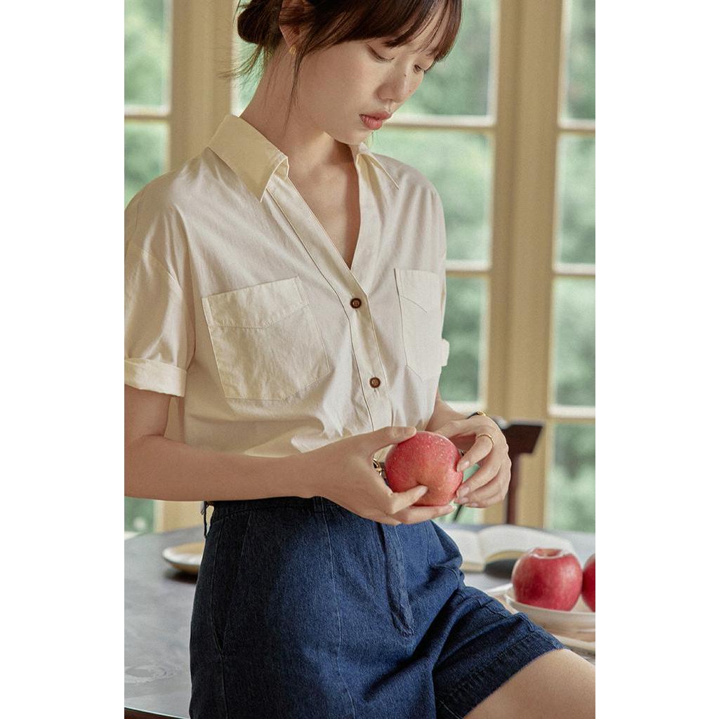 Áo Sơ Mi Nữ Ngắn Tay Cổ Chữ V Có Túi Đôi 62906