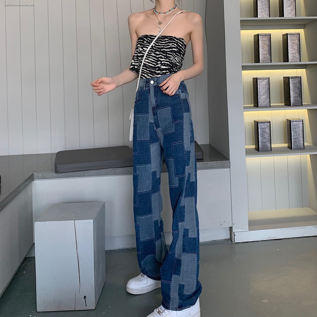 ⊕✎Plaid patch loose high waist wide leg pants jeans women 2021 new design sense street personality trend