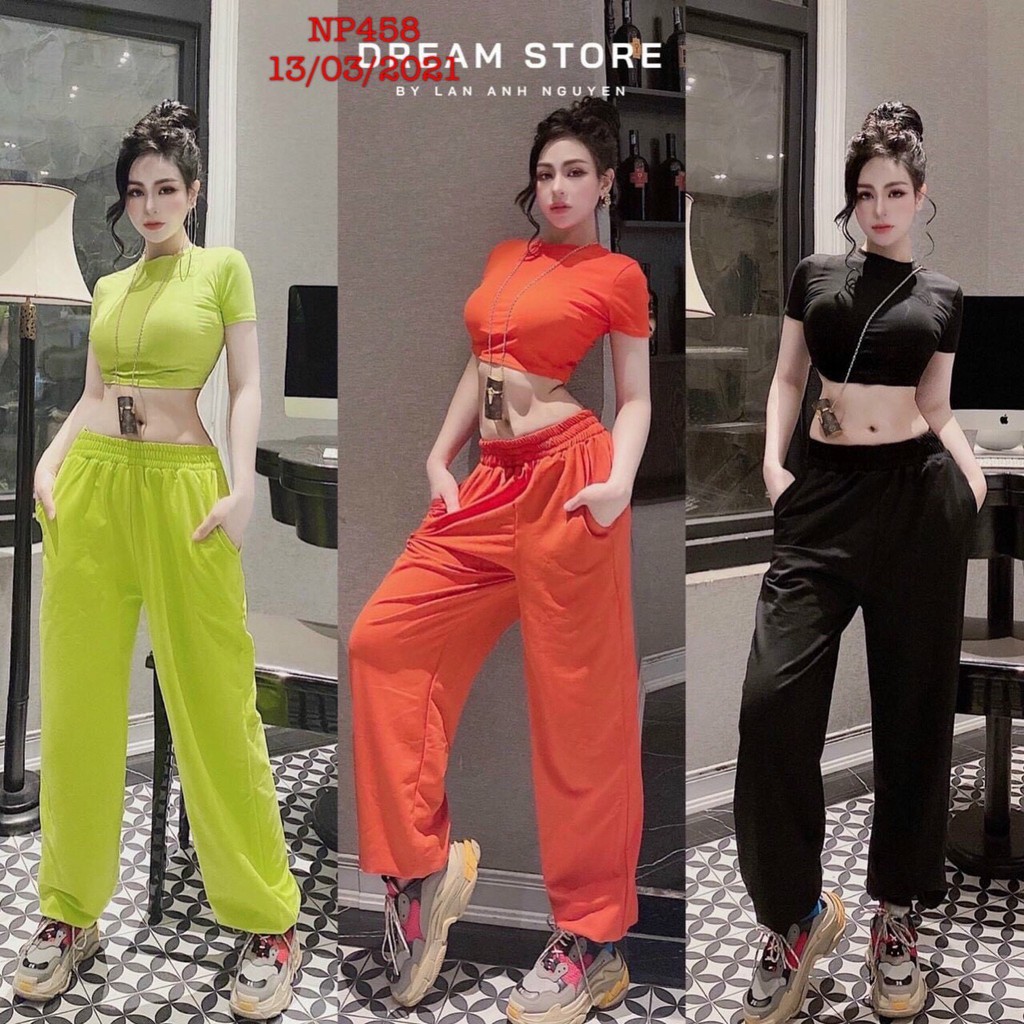 set bộ áo croptop cổ tròn tay ngắn quần ống suông dài xinh k
