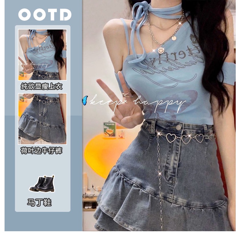 Bộ Áo Và Chân Váy Denim Dáng Ôm Thời Trang Mùa Hè 2022 Dành Cho Nữ