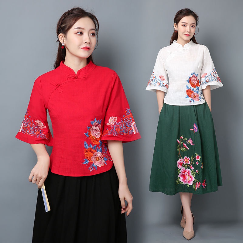 Áo Thun Cổ Đứng Thêu Họa Tiết Dân Tộc Phong Cách Vintage Cho Nữ