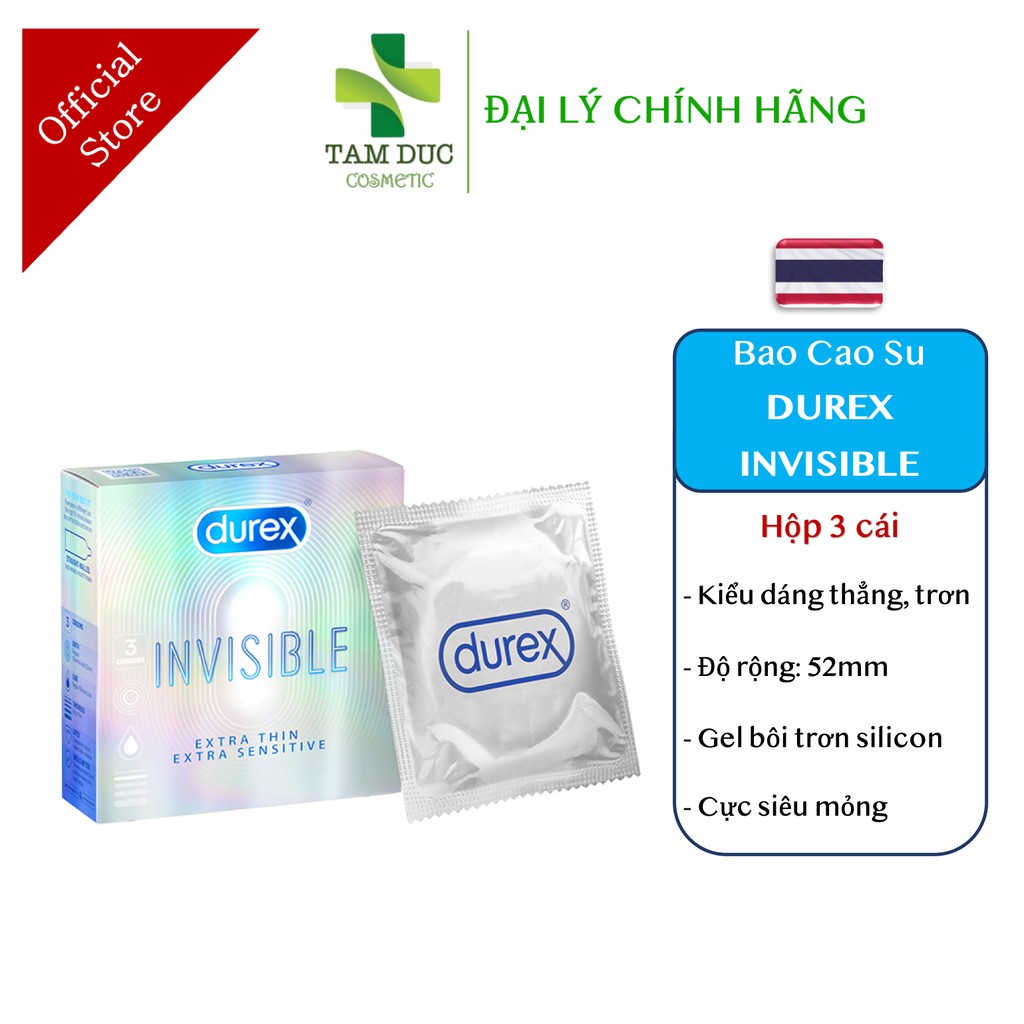 DUREX, Bao Cao Su Durex Invisible Extra Thin/Sensi 52mm Cực Siêu Mỏng 3 cái/Hộp