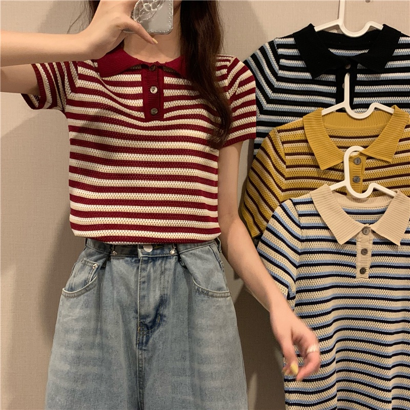 Áo thun ZHELIHANGFEI polo dệt kim tay ngắn kẻ sọc thời trang mùa hè dễ phối đồ cho nữ