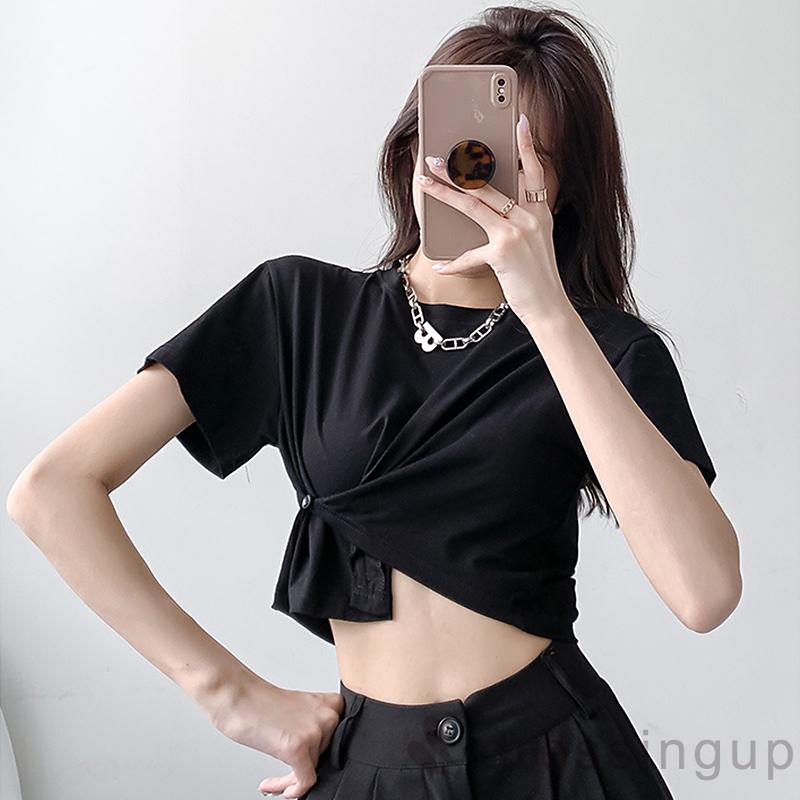 Áo Thun Tay Ngắn Cổ Tròn Dáng Ôm Màu Sắc Đơn Giản Dành Cho Nữ