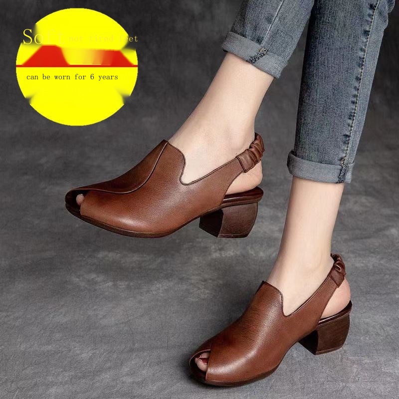 Xăng đan Da Bò Đế Dày Hở Mũi Phong Cách Retro Cho Nữ