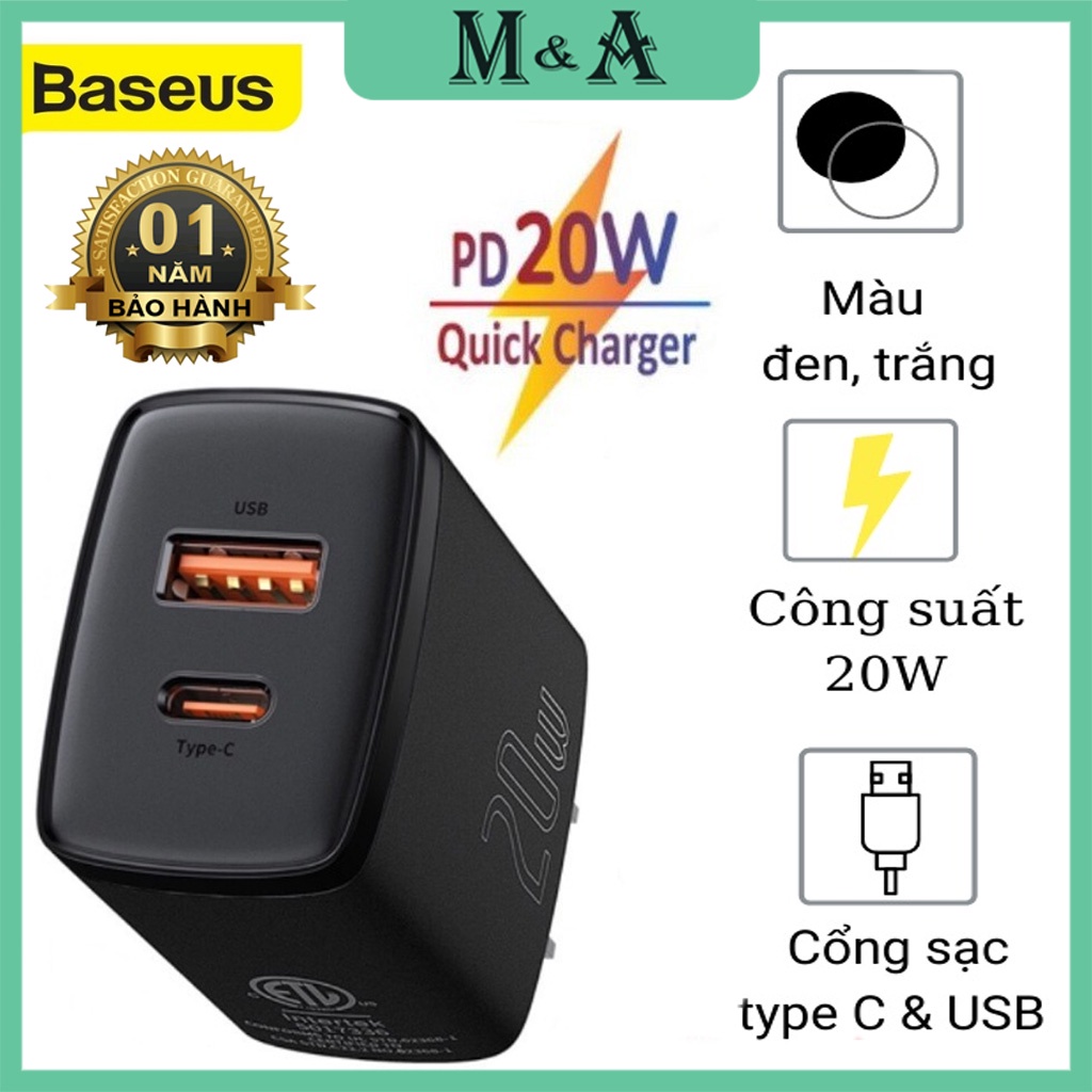 Củ sạc nhanh Baseus 20w 2 cổng sạc typec và usb công nghệ sạc nhanh PD 3.0 và QC 3.0 sạc đầy 50% sau 30 phút chính hãng