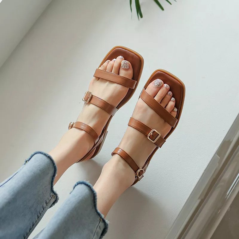 Giày sandal đế bệt mũi vuông 2 quai-CH50- dép quai hậu dây mảnh 1 khoá vuông  -zinzin3456