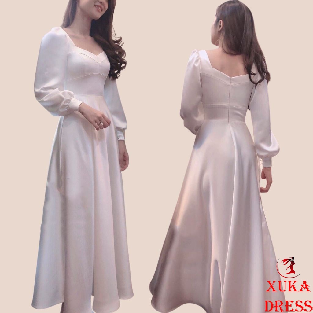 Đầm maxi trắng dự tiệc quyến rũ tay dài cổ V duyên dáng thời trang XUKA-DRESS MT101 chất lụa Mango cao cấp